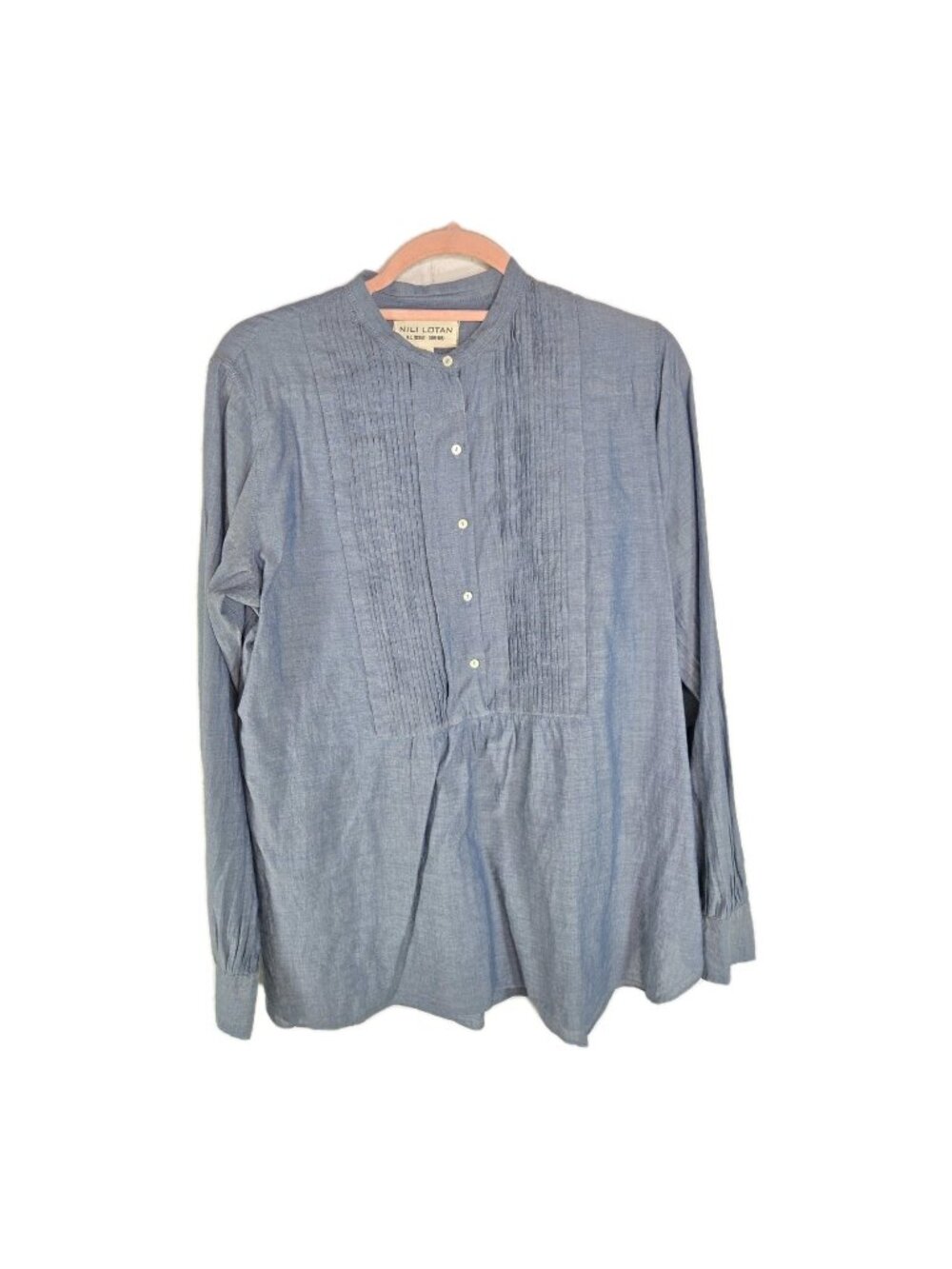 Nili Lotan Jared Pleated Bib Tuxedo Chambray Cotton Popover Tunic  Womens M
